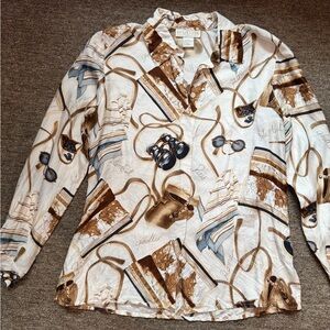 Vintage Silk Shirt with Brown and Cream Map Print
